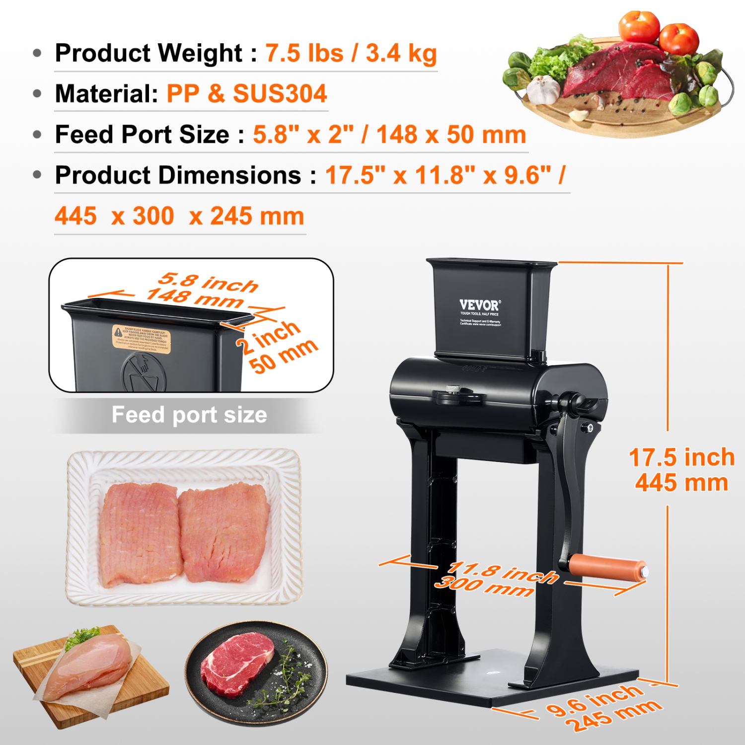 VEVOR Commercial Meat Tenderizer, Heavy Duty Stainless Steel Meat Tenderizer Machine, Quick and Easy Manual Operation Kitchen Tool, 5.8" Feed Port