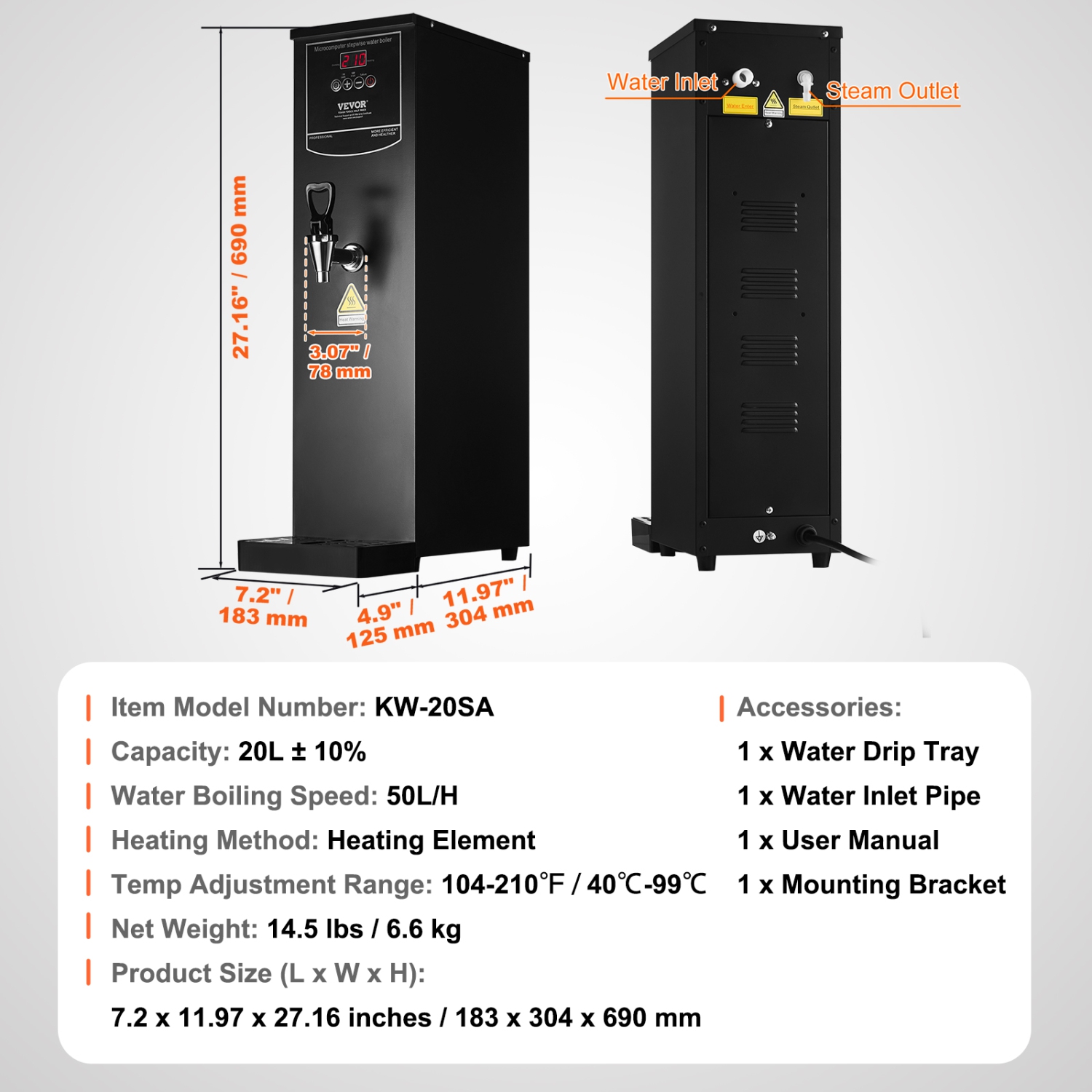 Chauffe-eau commerciale VEVOR 1500&nbsp;W, distributeur d'eau chaude électrique avec tube chauffant en acier inoxydable 316, chauffe-eau rapide étape