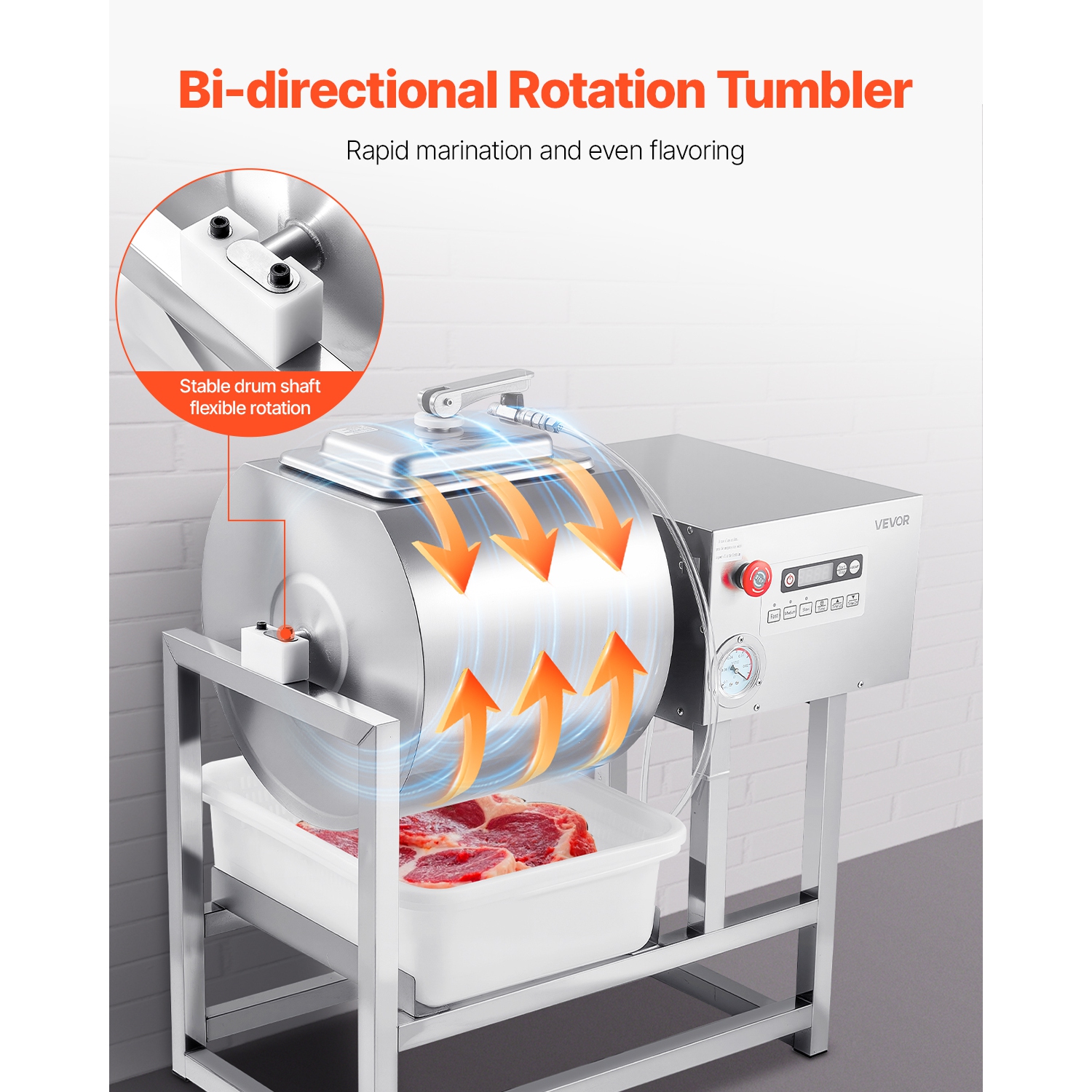 VEVOR 40L Commercial Meat Tumbler Marinator, Vacuum Tumbler Marinating Machine with Bidirectional Rotation and 3-Speed, Stainless Steel Vacuum Curing