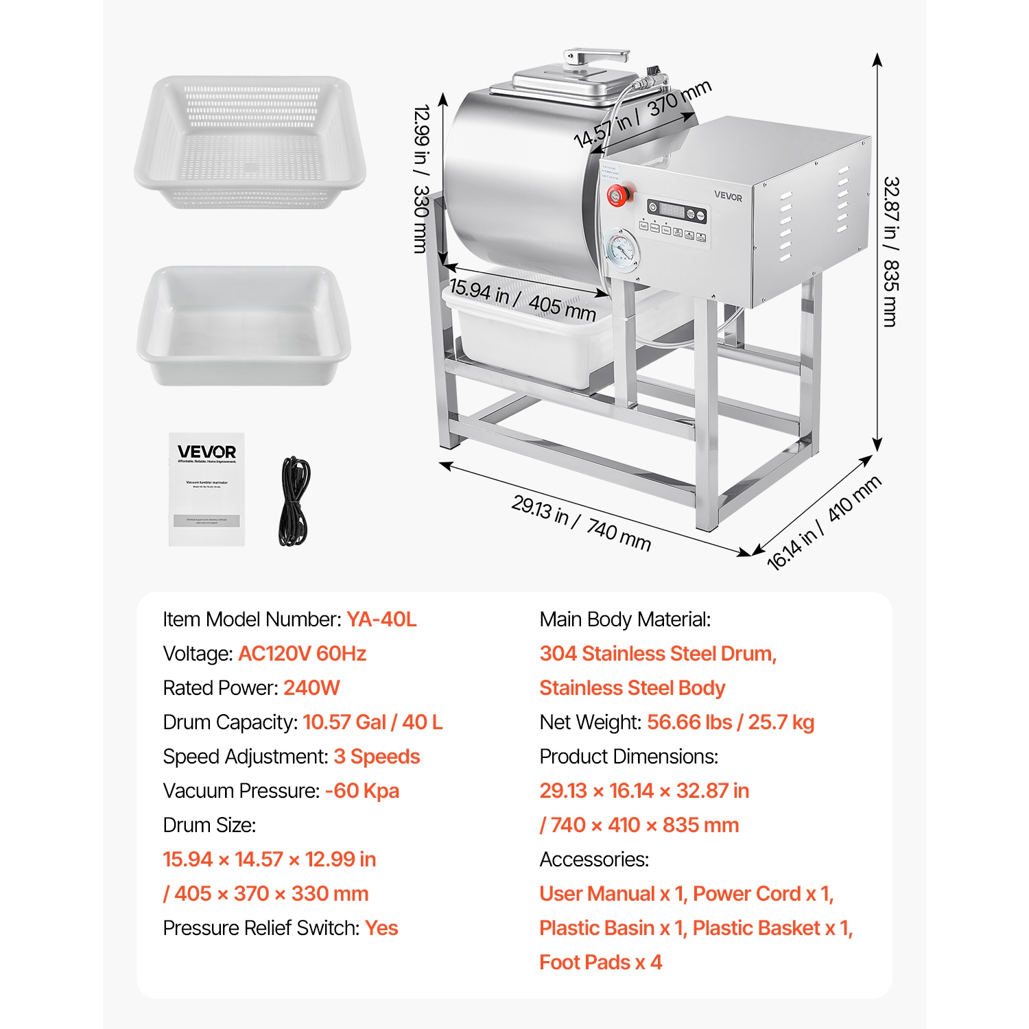 VEVOR 40L Commercial Meat Tumbler Marinator, Vacuum Tumbler Marinating Machine with Bidirectional Rotation and 3-Speed, Stainless Steel Vacuum Curing