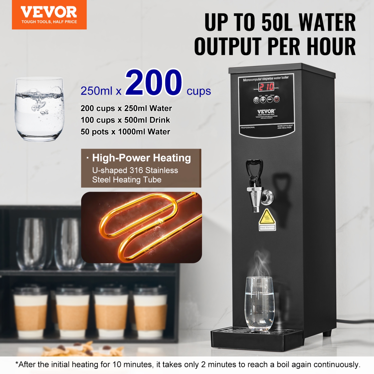 VEVOR Commercial Water Boiler, Electric Hot Water Dispenser with 316 Stainless Steel Heating Tube, 1500W Step-by-step Fast Heating 50L per Hour Hot
