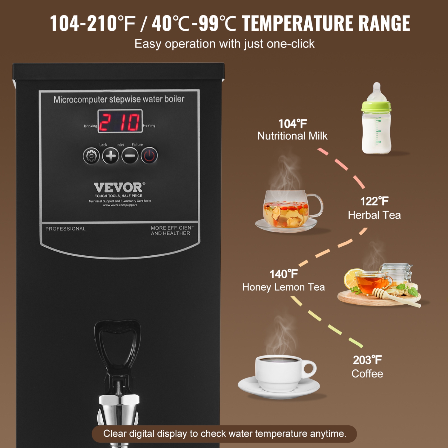 VEVOR Commercial Water Boiler, Electric Hot Water Dispenser with 316 Stainless Steel Heating Tube, 1500W Step-by-step Fast Heating 50L per Hour Hot