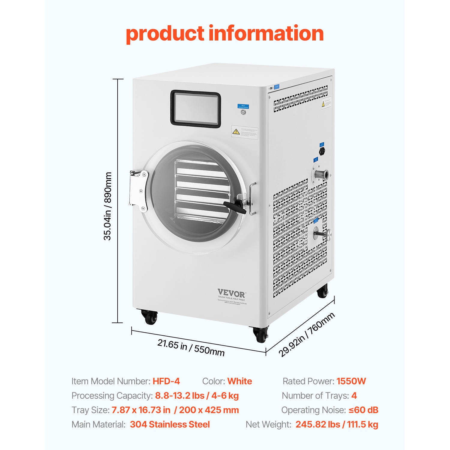 VEVOR Vacuum Freeze Dryer Machine, 8.8-13.2 LBS/Batch Food Freeze Drying Machine with 4-Layer Trays, Vacuum Pump, Adjustable Timer and Temperature