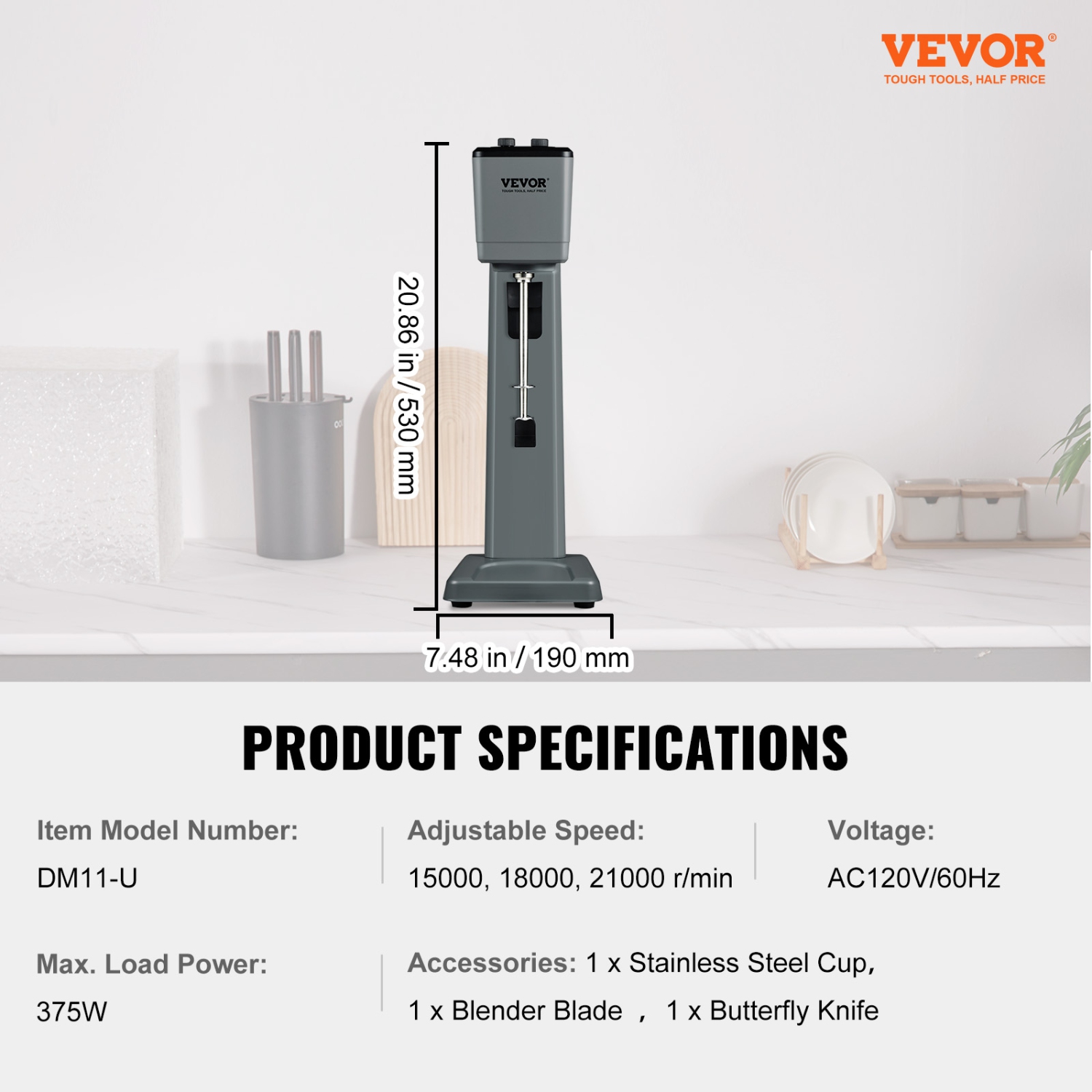 VEVOR 375W Electric Milkshake Maker, Single Head Drink Mixer Blender Machine, 3-Speed Milkshake Mixer with 820 ml Stainless Steel Cup, Milkshake