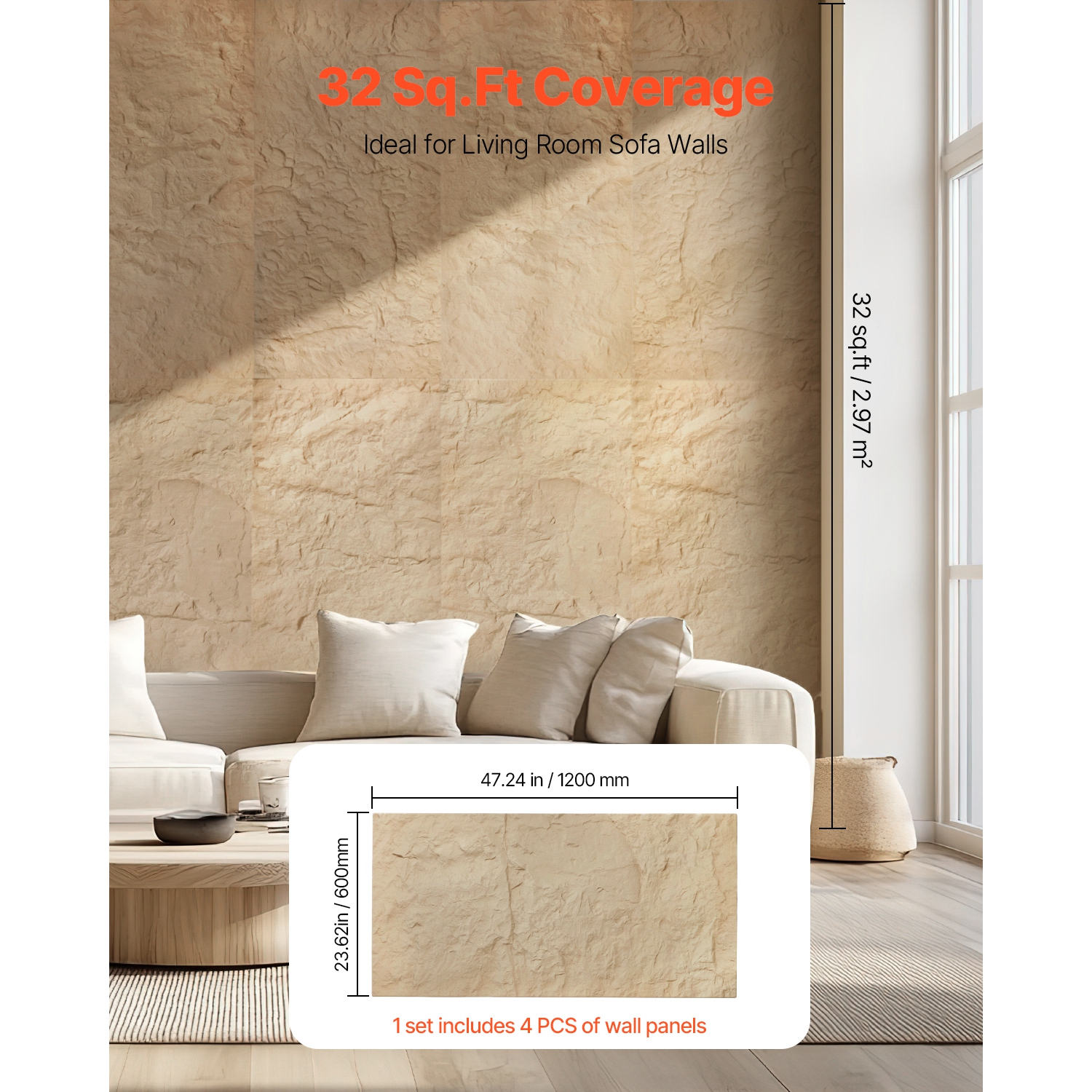 VEVOR 3D Wall Panels, 4 Pack 48 x 24 in PU Natural Stone Imitation Wall Art Tiles, 32 Sq.Ft Coverage Accent Wall Panel, Interior Home Decor for