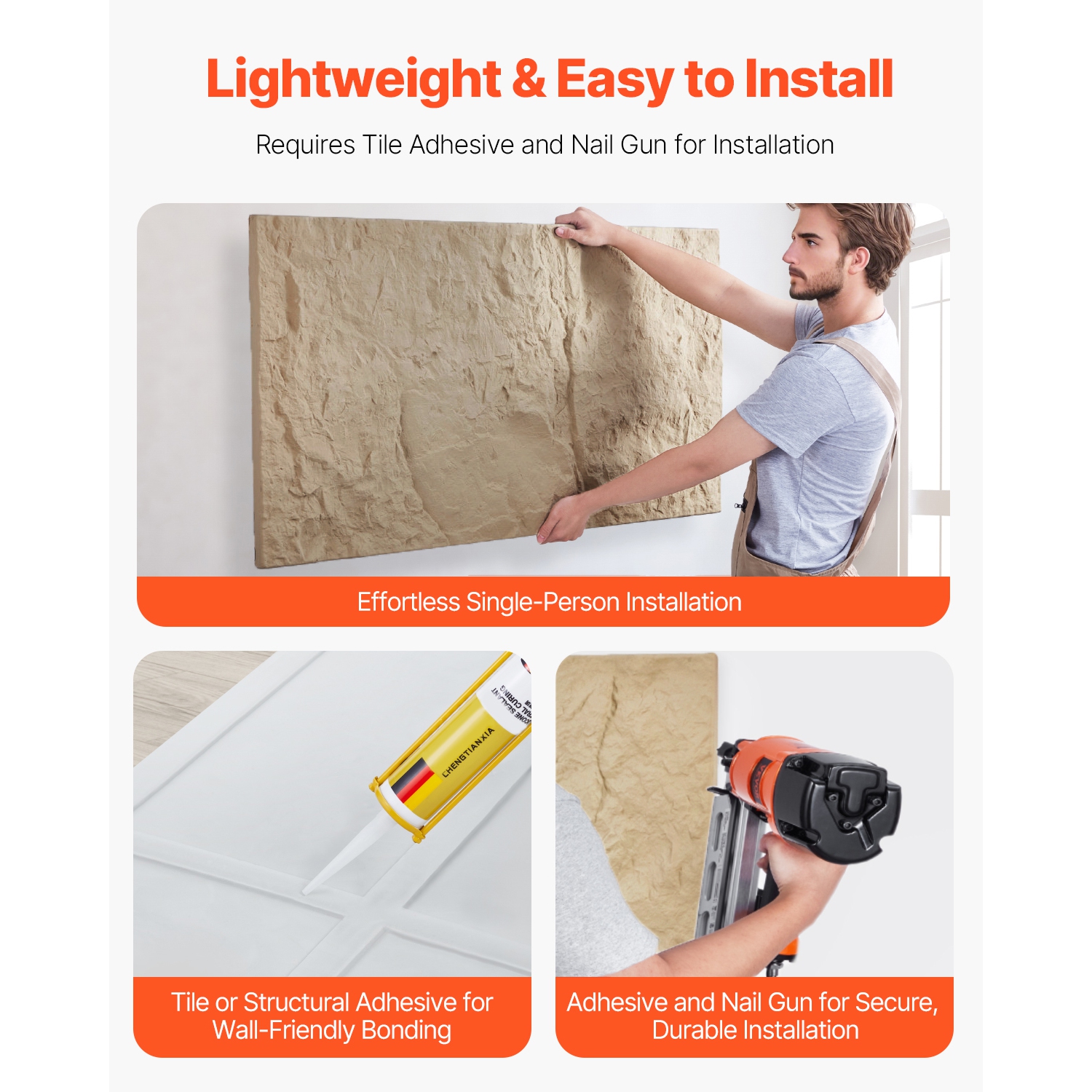 VEVOR 3D Wall Panels, 4 Pack 48 x 24 in PU Natural Stone Imitation Wall Art Tiles, 32 Sq.Ft Coverage Accent Wall Panel, Interior Home Decor for