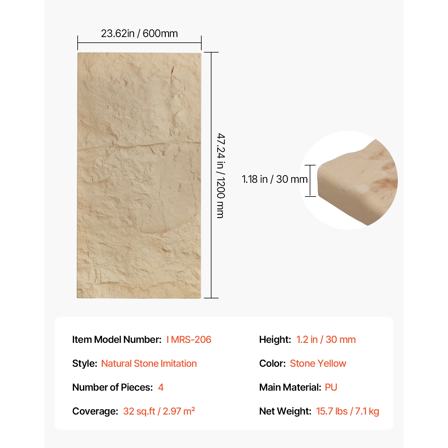 VEVOR 3D Wall Panels, 4 Pack 48 x 24 in PU Natural Stone Imitation Wall Art Tiles, 32 Sq.Ft Coverage Accent Wall Panel, Interior Home Decor for