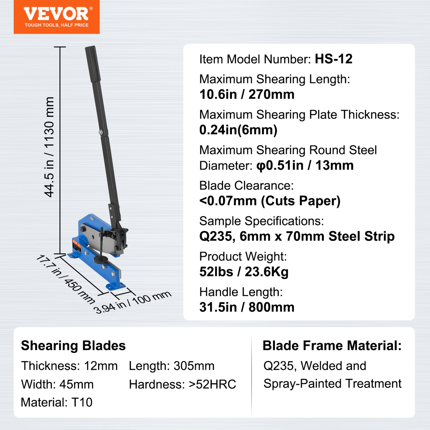 VEVOR 12" Manual Hand Plate Shear for Metal Sheet Processing, HS-12 Benchtop Cutter with Q235 Material, for Crafts Thick Steel Crafting, Heavy Duty