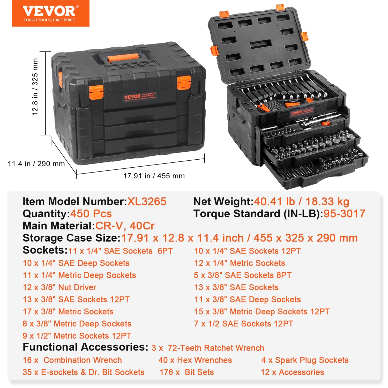 VEVOR 450 Pcs SAE Mechanics Tool Set and Socket Set, 1/4" 3/8" 1/2" Drive Deep and Standard Sockets, Metric Mechanic Tool Kit with Bits, Hex