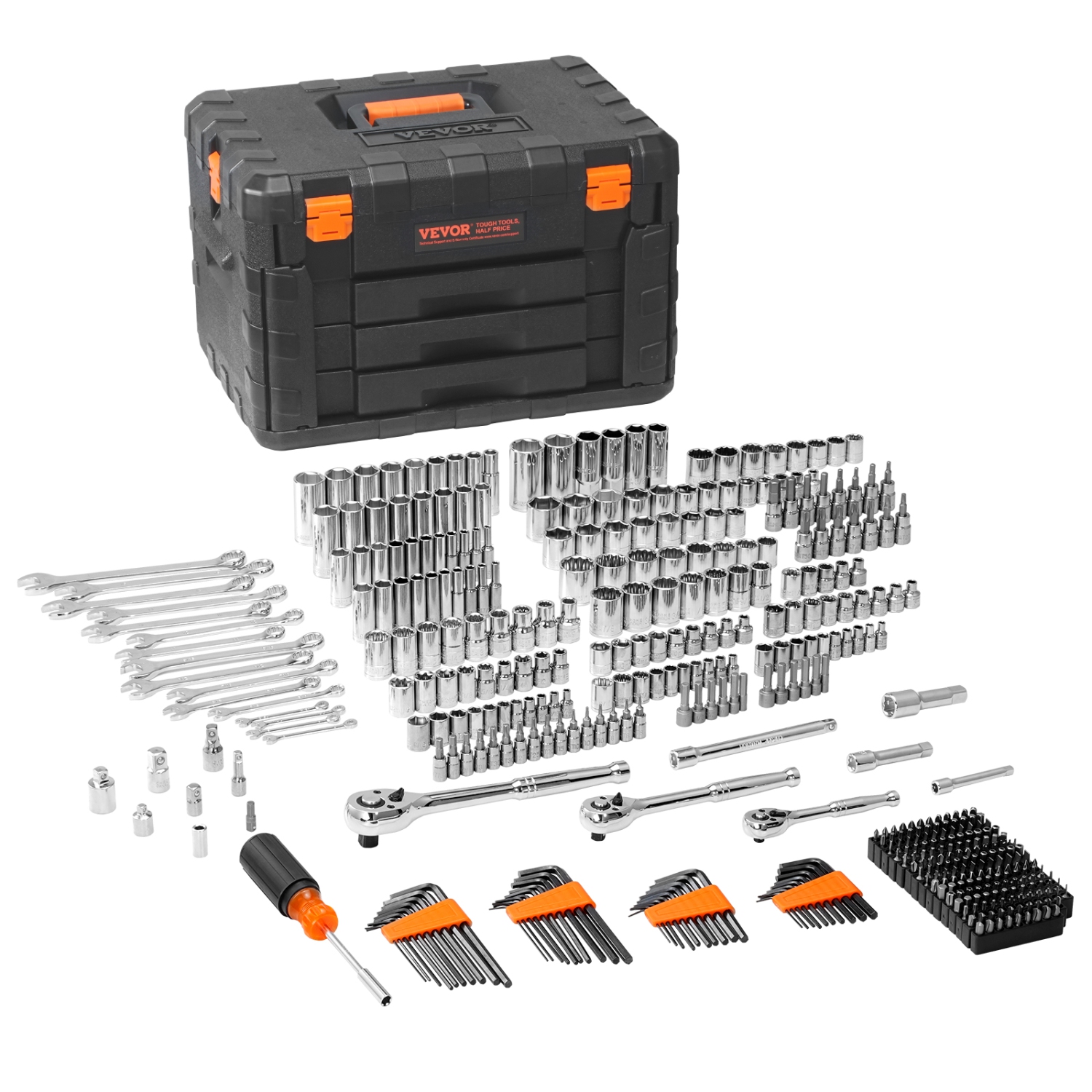 VEVOR 450 Pcs SAE Mechanics Tool Set and Socket Set, 1/4" 3/8" 1/2" Drive Deep and Standard Sockets, Metric Mechanic Tool Kit with Bits, Hex