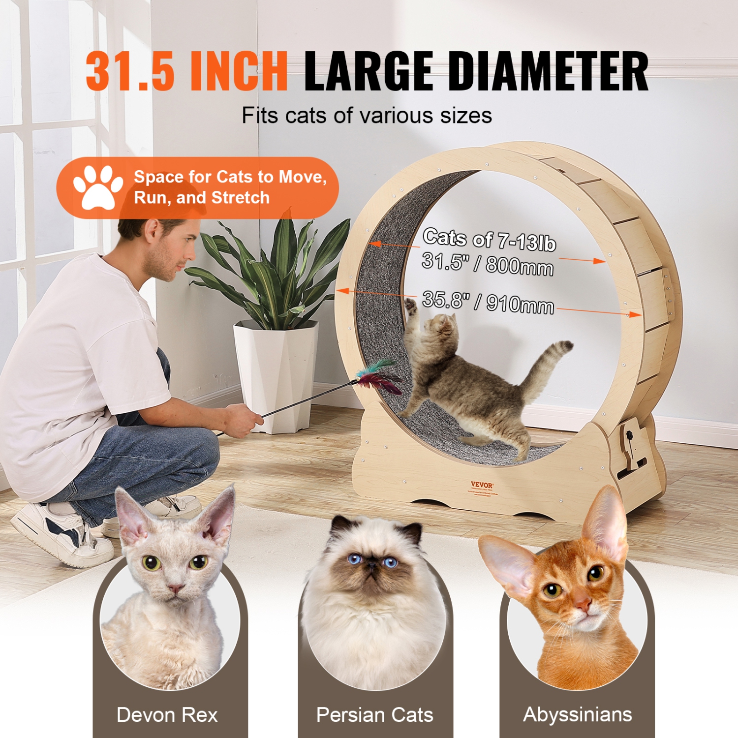 VEVOR 35.8 inch Cat Exercise Wheel, Large Cat Treadmill Wheel for Indoor Cats, with Detachable Carpet and Cat Teaser for Running/Walking/Training,