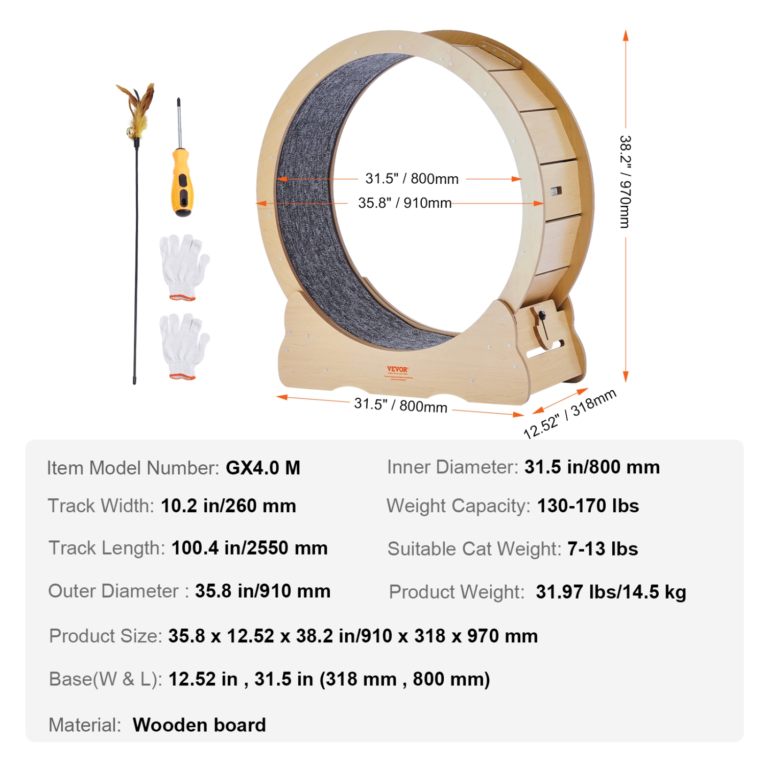 VEVOR 35.8 inch Cat Exercise Wheel, Large Cat Treadmill Wheel for Indoor Cats, with Detachable Carpet and Cat Teaser for Running/Walking/Training,