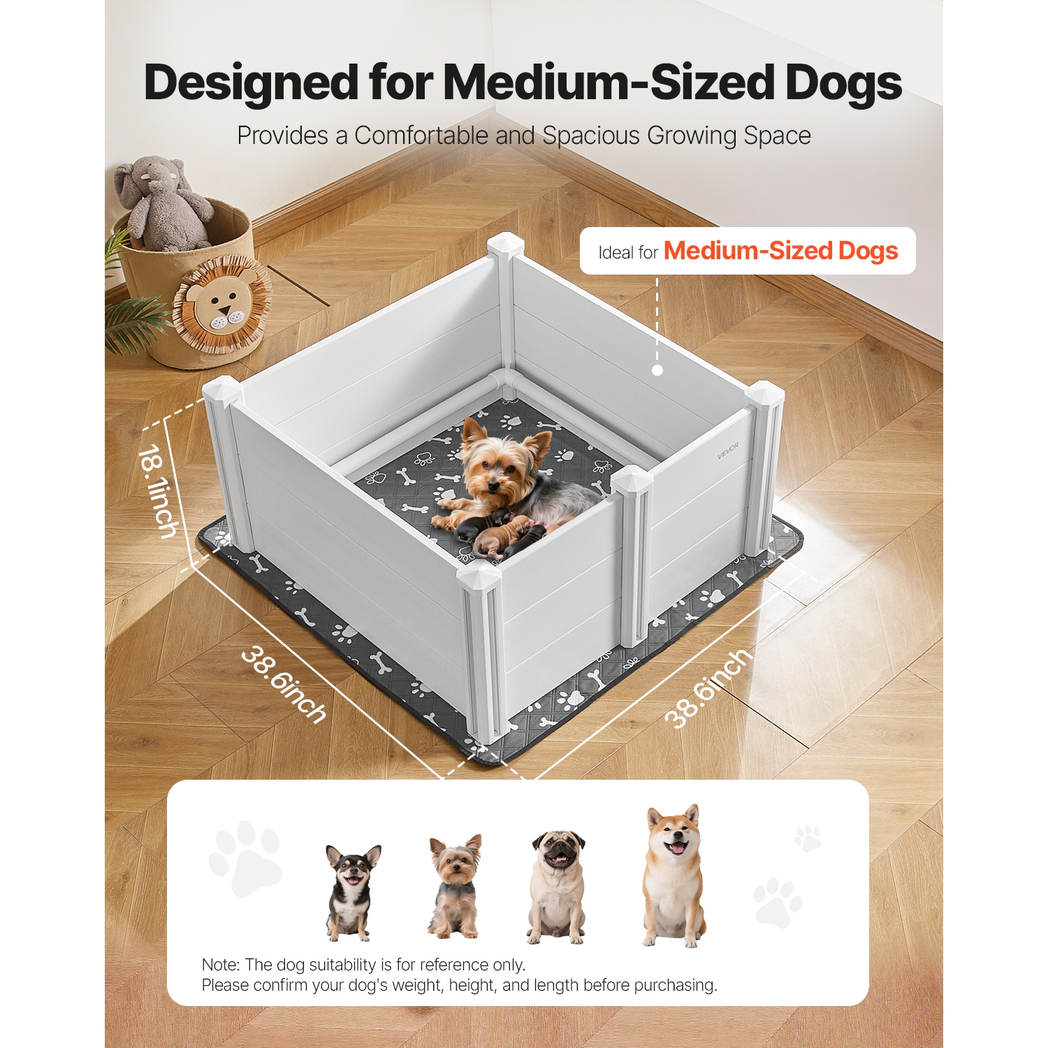 VEVOR 38.6 x 38.6 x 18.1 inch Dogs Whelping Box, Plastic PVC Puppies Playpen with Height Adjustable Door and Washable Pee Pad, Anti-Deformation