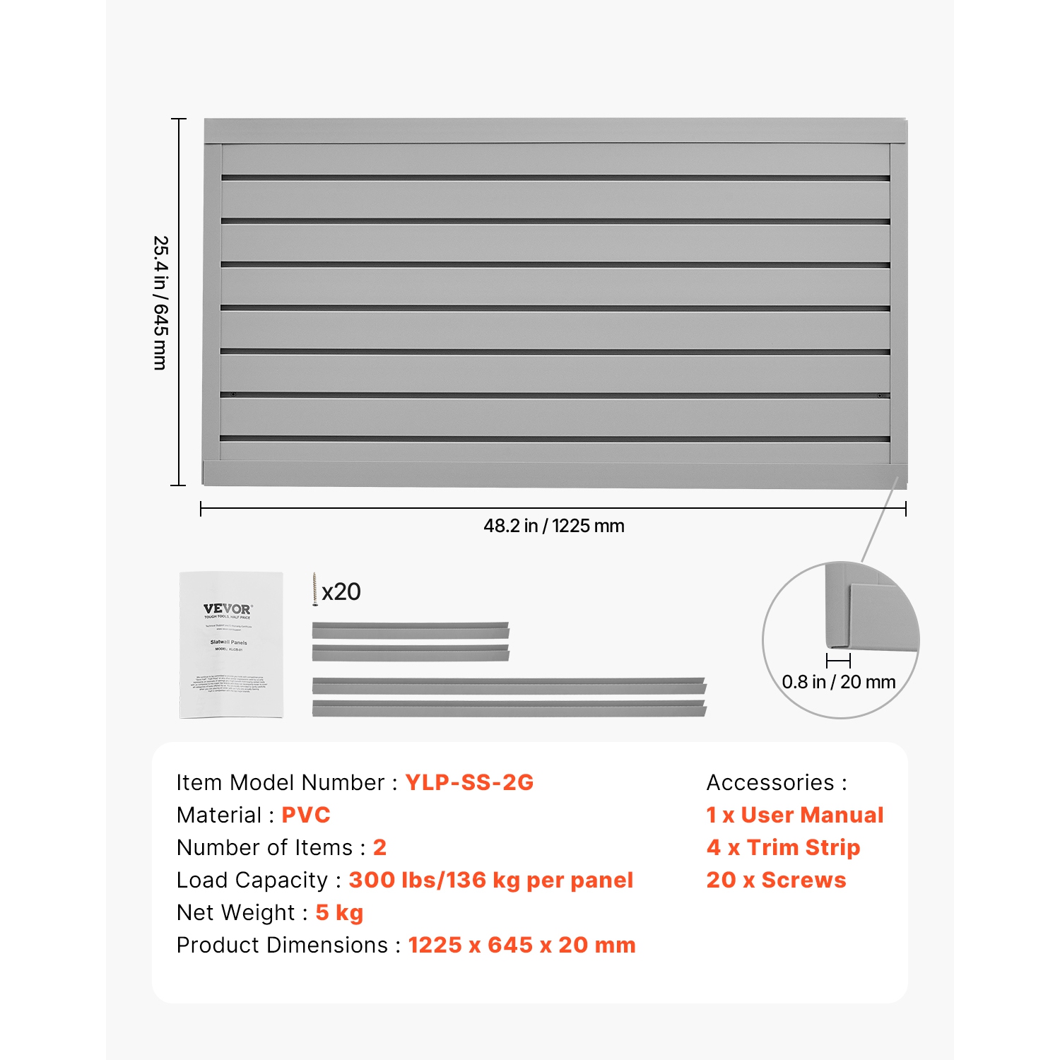 VEVOR 2 x 4 ft Slat Wall Paneling, PVC Garage Slatwall with Modular Design, Grey Slat Wall Easy-to-Install Adjustable Slatwall Panel with Coupling