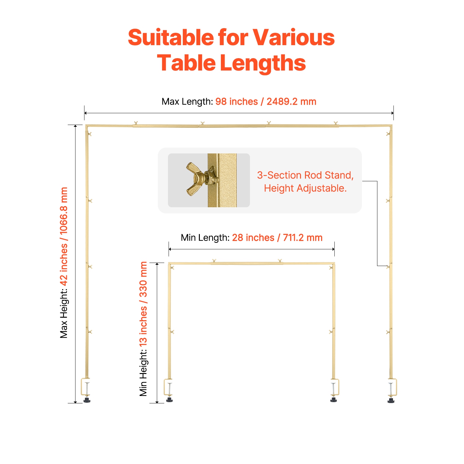 VEVOR 2 Packs Over The Table Rod Stand with Clamps, 13"-42" Tall & 28"-98" Length Adjustable, Table Arch Stand, Tabletop Balloon Arch Frame for
