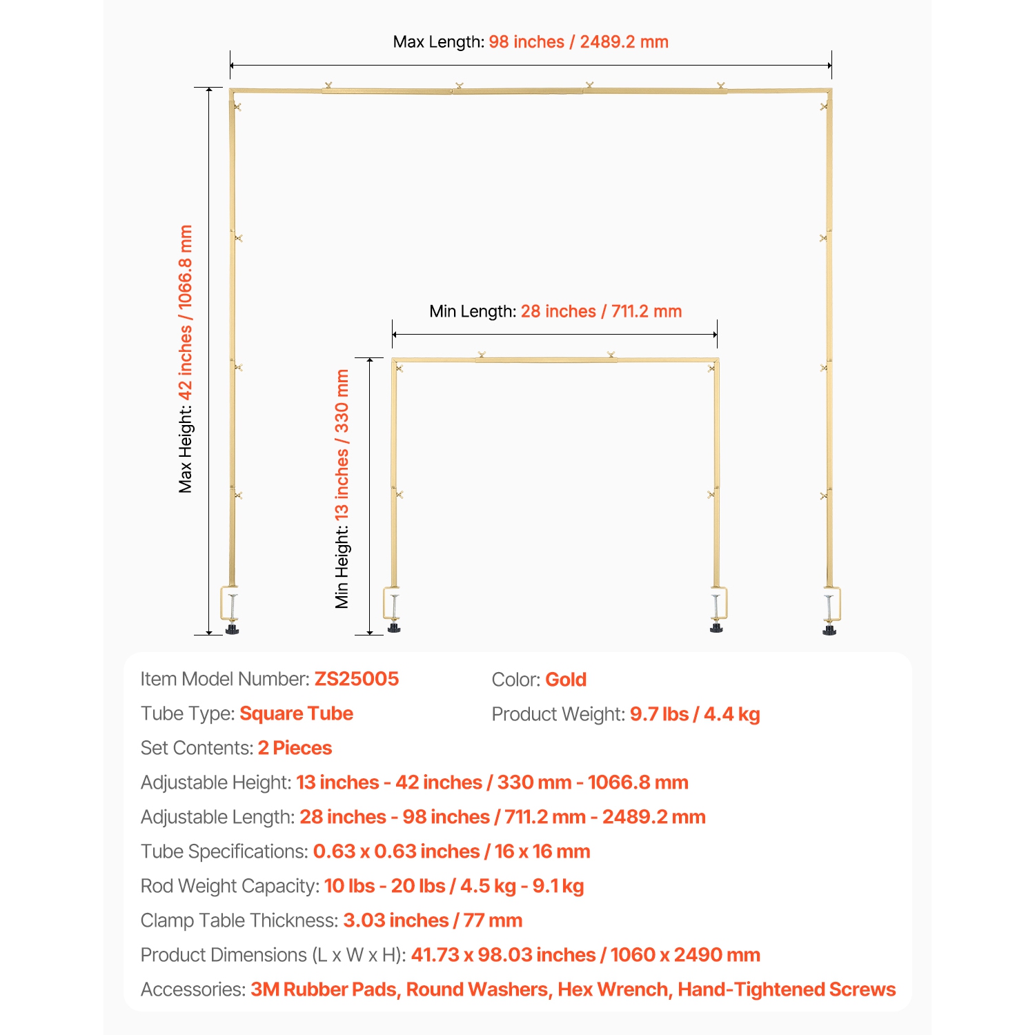 VEVOR 2 Packs Over The Table Rod Stand with Clamps, 13"-42" Tall & 28"-98" Length Adjustable, Table Arch Stand, Tabletop Balloon Arch Frame for