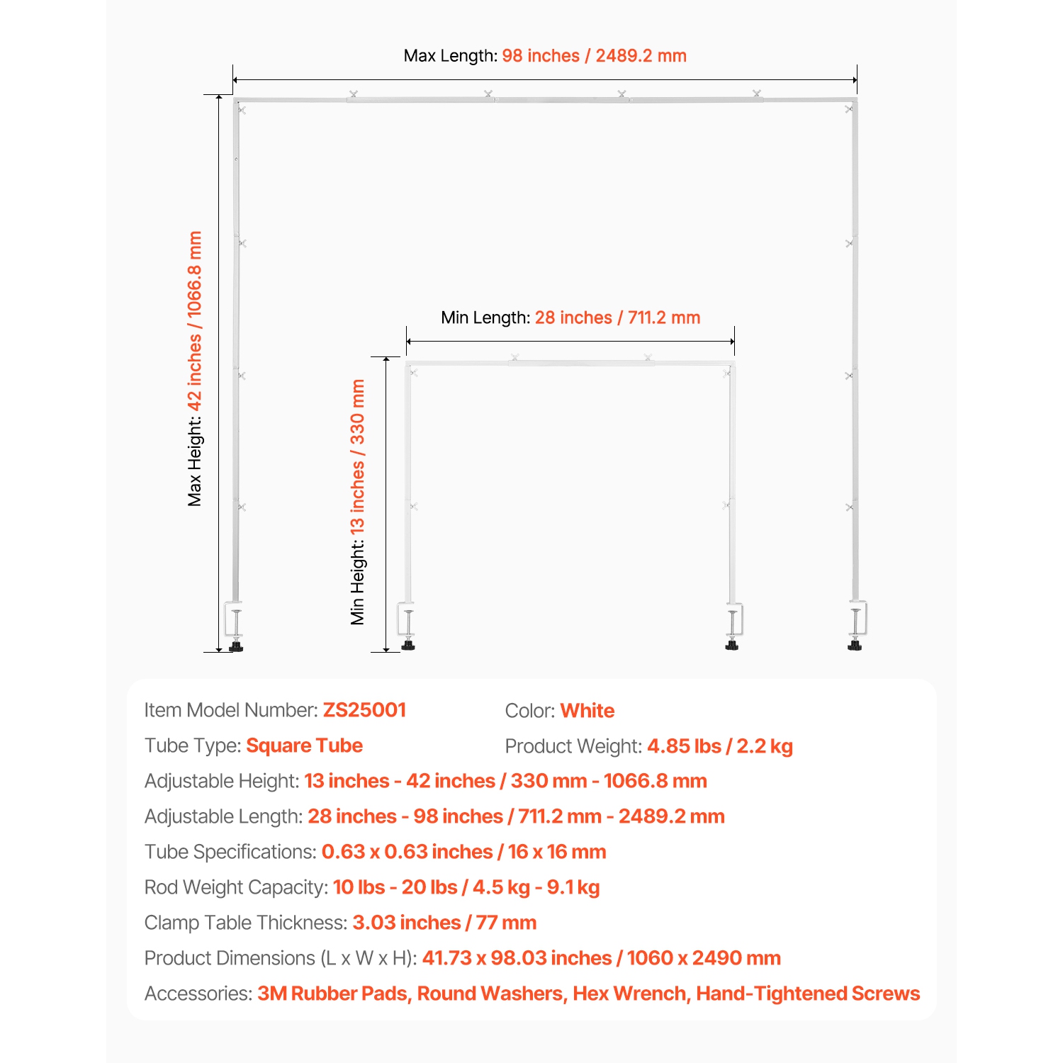 VEVOR 13"-42'' Tall Over The Table Rod Stand with Clamps, 28"-98" Length Adjustable, Metal Table Arch Stand, Tabletop Balloon Arch Frame for Wedding