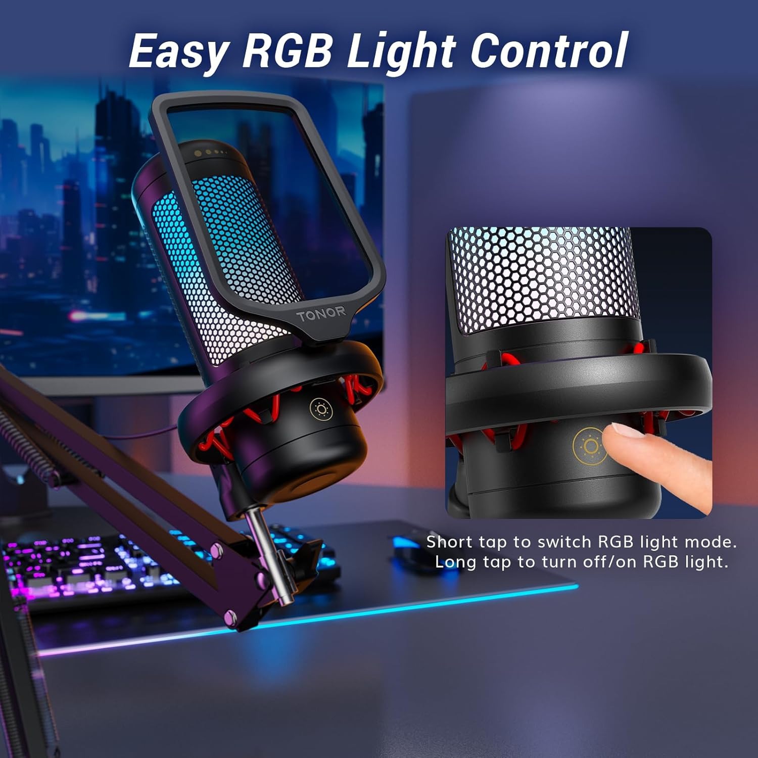 Microphone de jeu USB de TONOR avec bras de perche et éclairage RVB pour la diffusion en continu sur PC