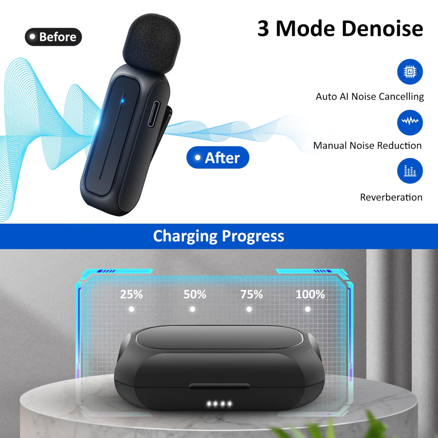 Smart Digital Display 3-in-1 Wireless Lavalier Microphone for Live Streaming, Video Recording, and Vlogging