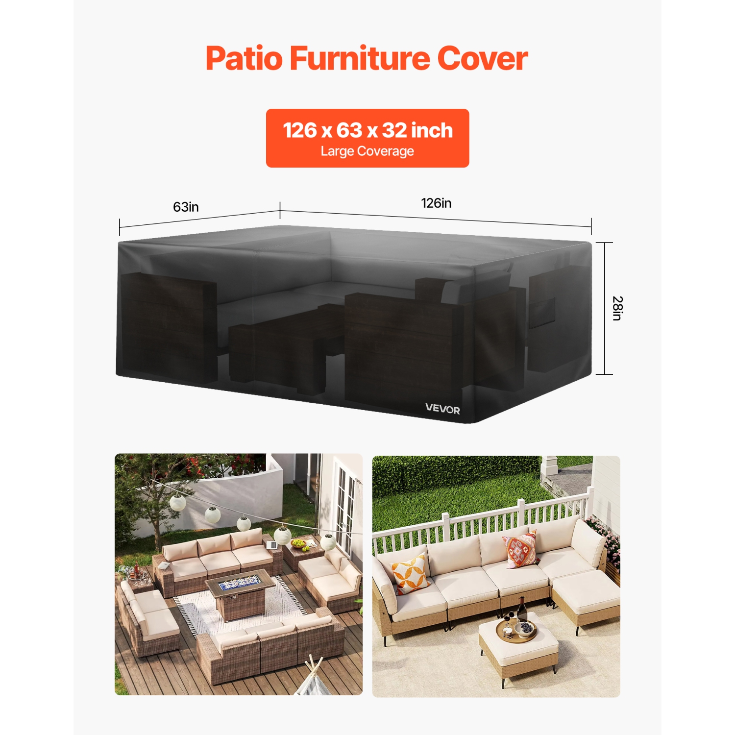 Housse pour meubles de patio VEVOR 126&nbsp;L x 63&nbsp;W x 28&nbsp;po, housse robuste étanche pour table à manger et chaises d'extérieur 420D,