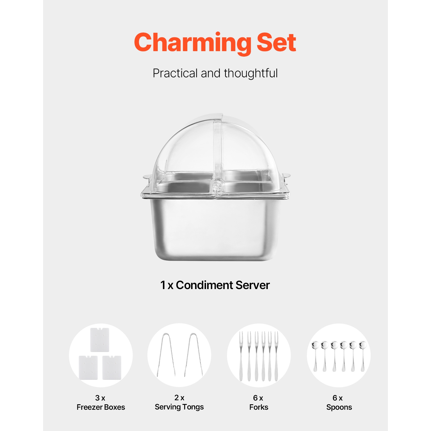 VEVOR Countertop Food Serving Display Container, 4 Pan Stainless Steel Food Serving Tray, Buffet Condiment Dispenser Display Rack with Clear Lid & 3