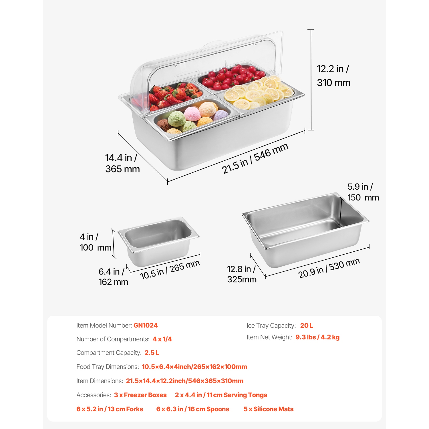 VEVOR Countertop Food Serving Display Container, 4 Pan Stainless Steel Food Serving Tray, Buffet Condiment Dispenser Display Rack with Clear Lid & 3