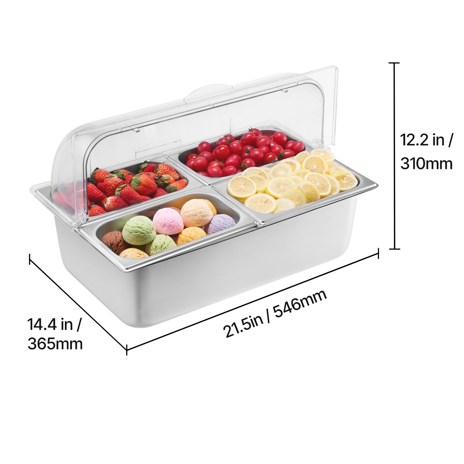 VEVOR Countertop Food Serving Display Container, 4 Pan Stainless Steel Food Serving Tray, Buffet Condiment Dispenser Display Rack with Clear Lid & 3