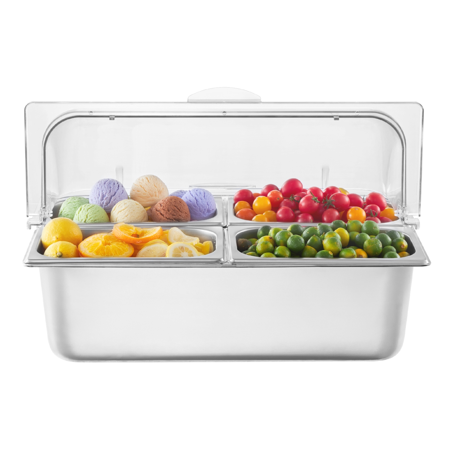 VEVOR Countertop Food Serving Display Container, 4 Pan Stainless Steel Food Serving Tray, Buffet Condiment Dispenser Display Rack with Clear Lid & 3