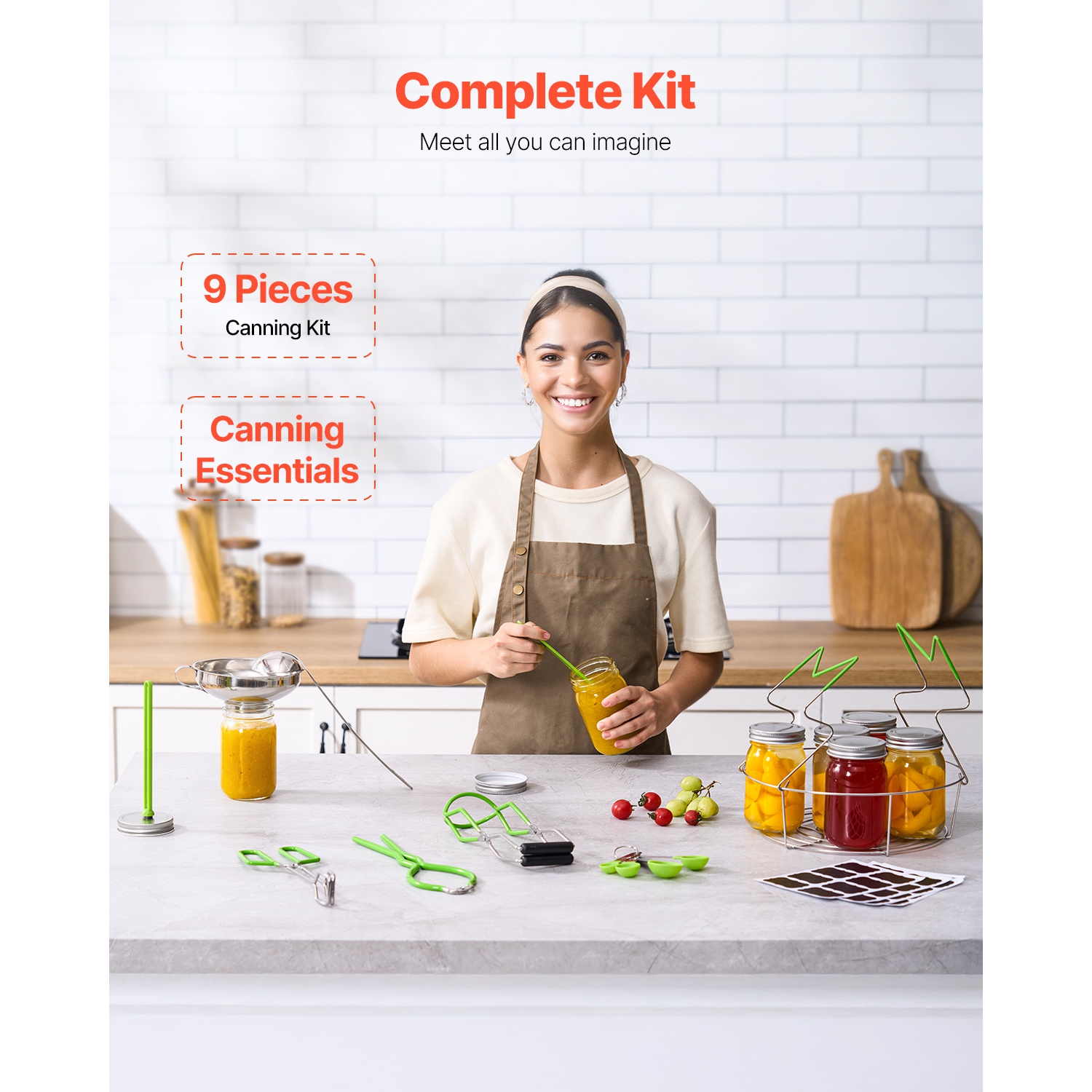 VEVOR Canning Supplies Starter Kit, 9 Pieces Stainless Steel Water Bath Canning Kit, Canning Tools Set: Rack, Ladle, Measuring Spoon, Funnel, Tongs,