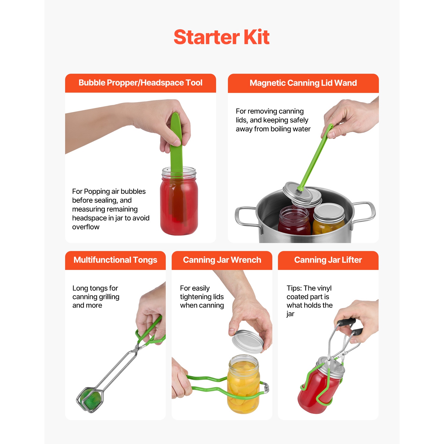 VEVOR Canning Supplies Starter Kit, 9 Pieces Stainless Steel Water Bath Canning Kit, Canning Tools Set: Rack, Ladle, Measuring Spoon, Funnel, Tongs,