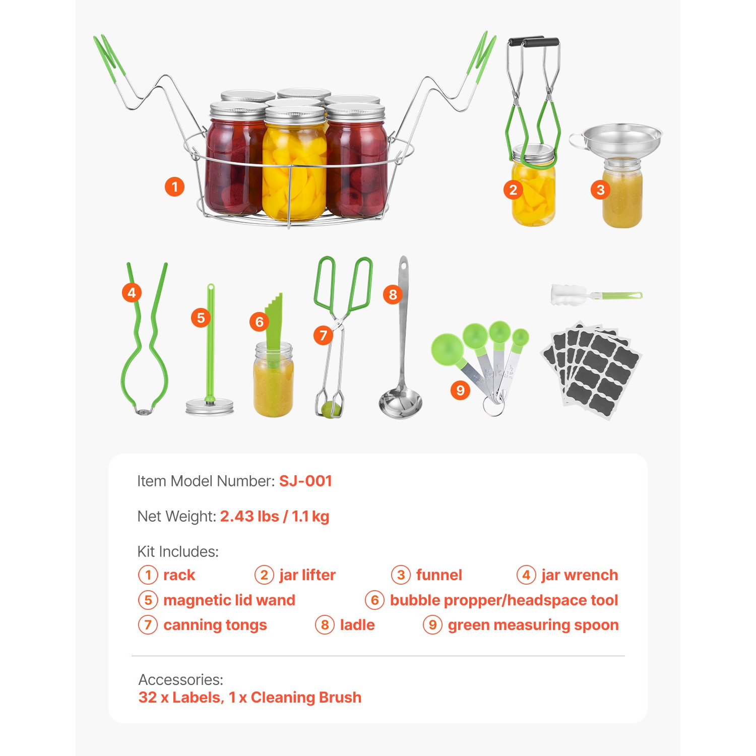 VEVOR Canning Supplies Starter Kit, 9 Pieces Stainless Steel Water Bath Canning Kit, Canning Tools Set: Rack, Ladle, Measuring Spoon, Funnel, Tongs,