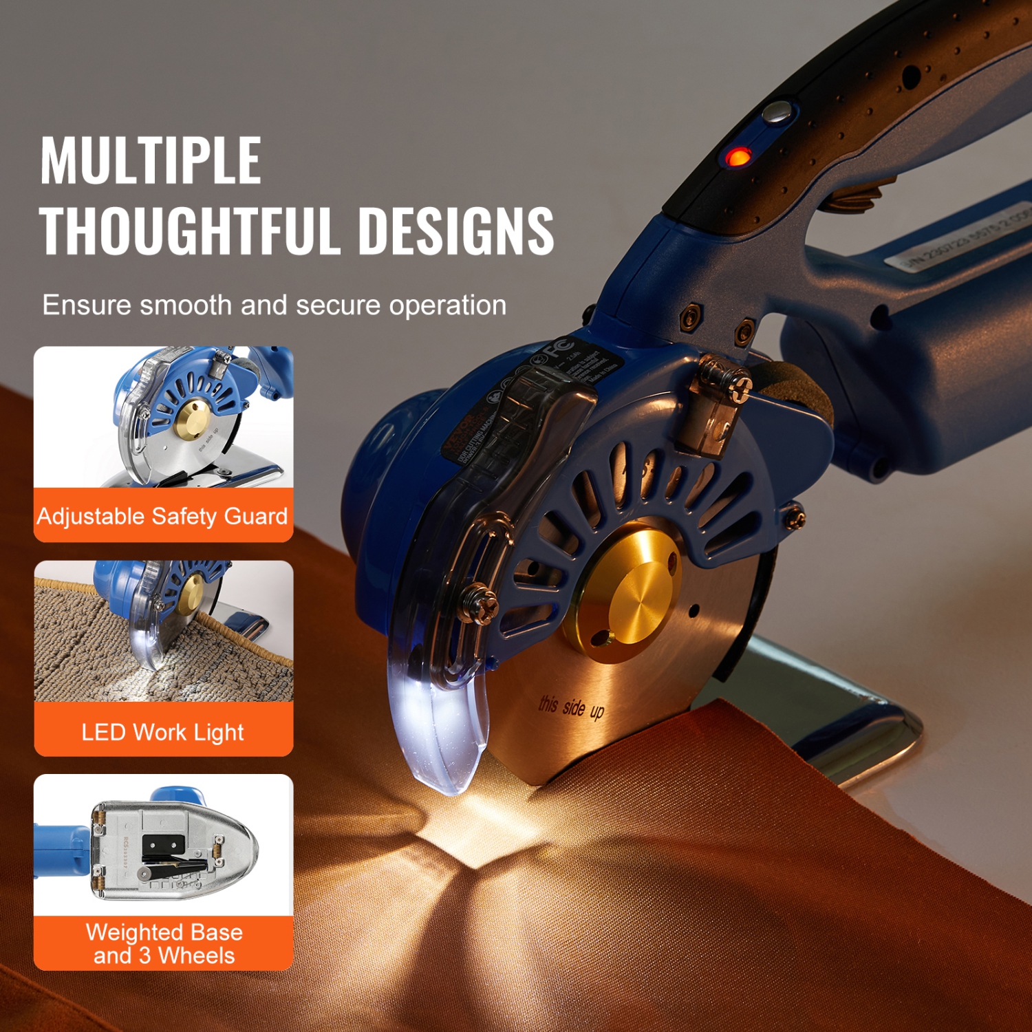 Coupe-tissu à 5 vitesses VEVOR, machine à découper électrique rotative sans fil, épaisseur de coupe de 1,1&nbsp;po, couteau octogonal, lame de