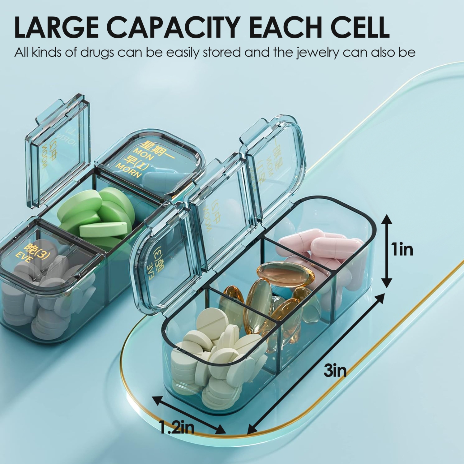 7-Day Pill Organizer with 21 Individual Compartments, Portable Daily Medication Box for Vitamins, Fish Oil, and Supplements