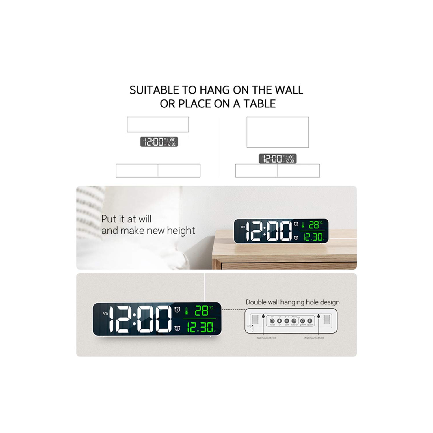 Horloge numérique à grand écran, réveil intelligent LED avec affichage de la date et de la température pour le salon, le bureau et la chambre à