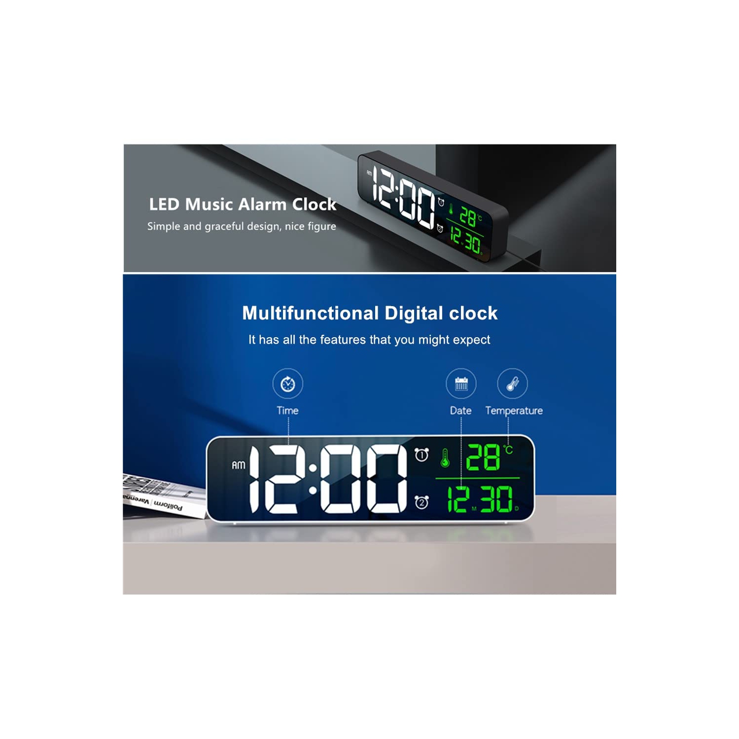 Horloge numérique à grand écran, réveil intelligent LED avec affichage de la date et de la température pour le salon, le bureau et la chambre à