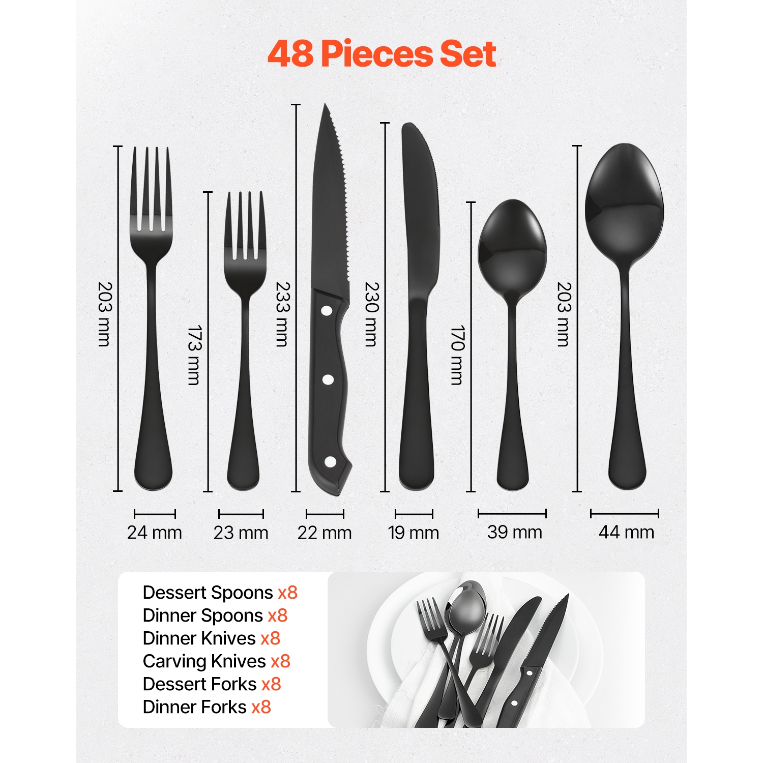 VEVOR 48-Piece Black Silverware Set with Steak Knives,Food-Grade Stainless Steel Flatware Utensils for 8,Mirror Finished Cutlery Set, Dishwasher Safe