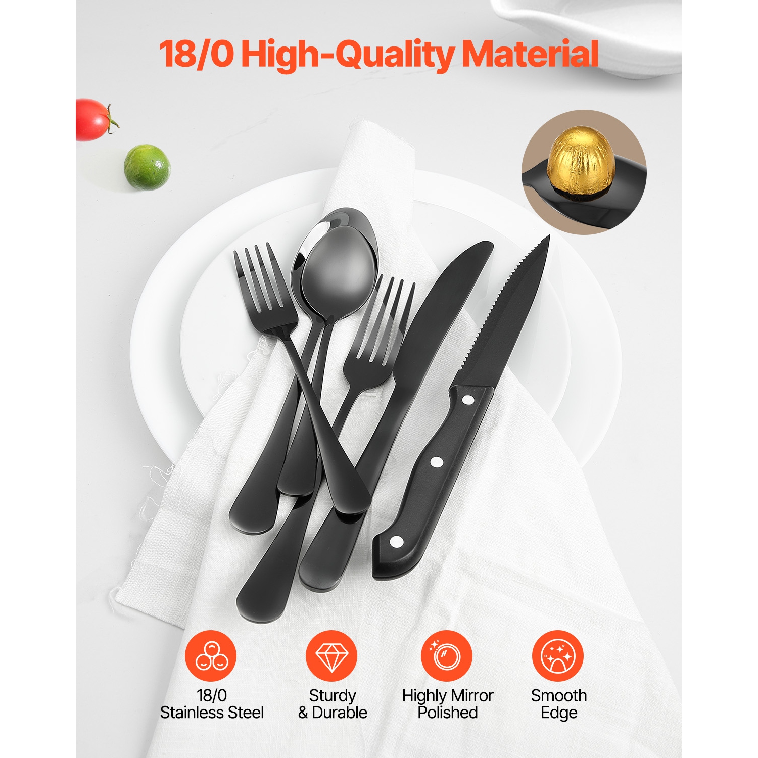 VEVOR 48-Piece Black Silverware Set with Steak Knives,Food-Grade Stainless Steel Flatware Utensils for 8,Mirror Finished Cutlery Set, Dishwasher Safe