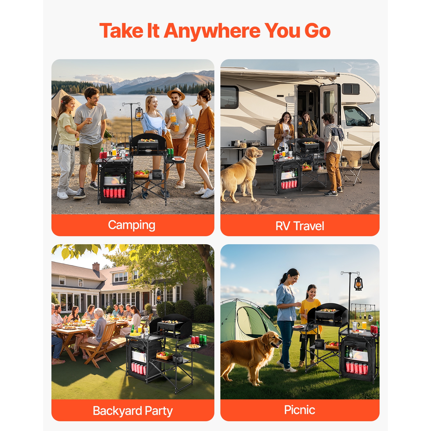 VEVOR Camping Kitchen Table, Outdoor Camp Cooking Table, Aluminum Portable Cook Station with Storage Cupboard, Carrying Bag, Detachable