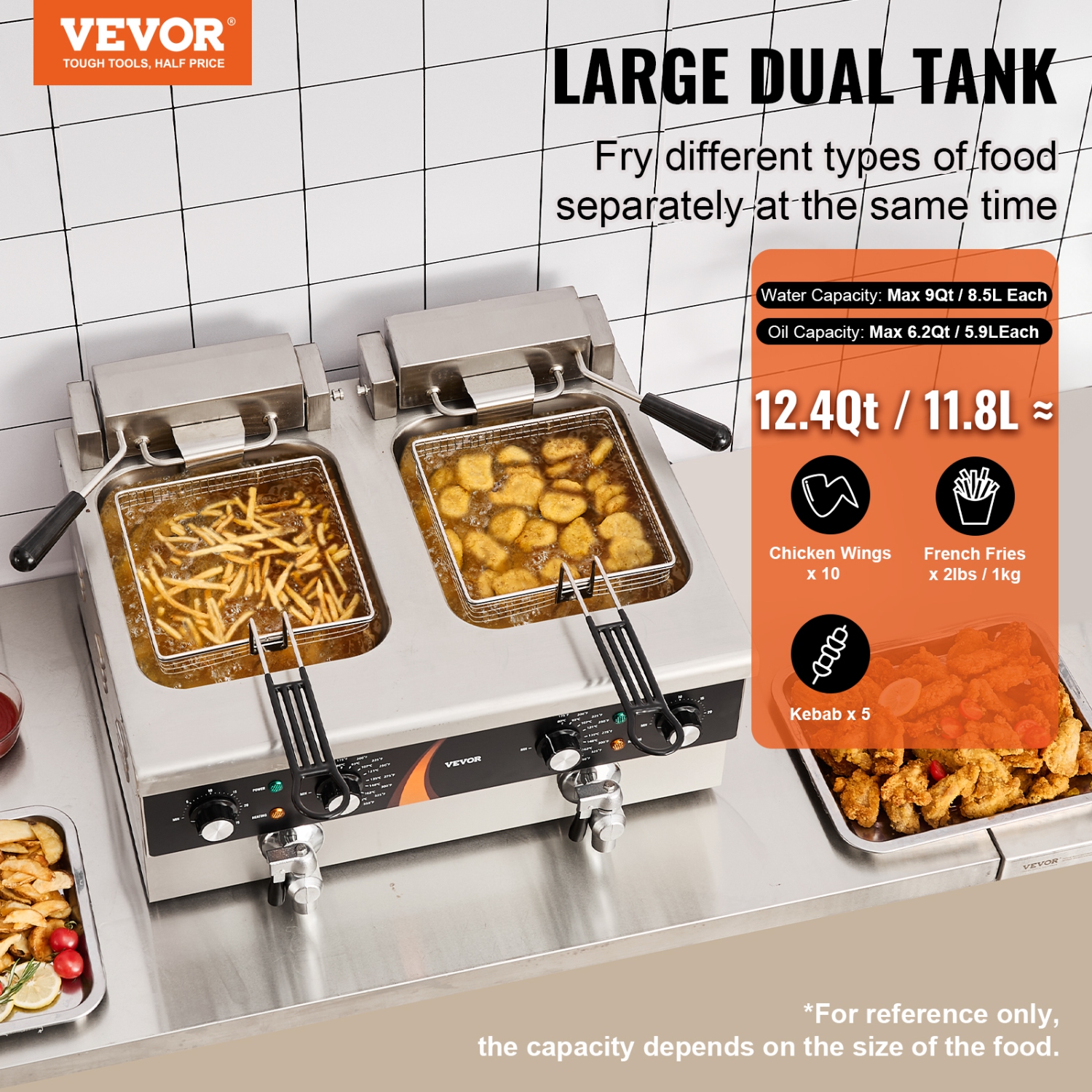 VEVOR 2 x 9Qt / 8.5L Commercial Deep Fryer, Dual Tank 3500W Electric Countertop Fryer, Double Oil Fryer with 2 Baskets, 1mm Thickened Stainless
