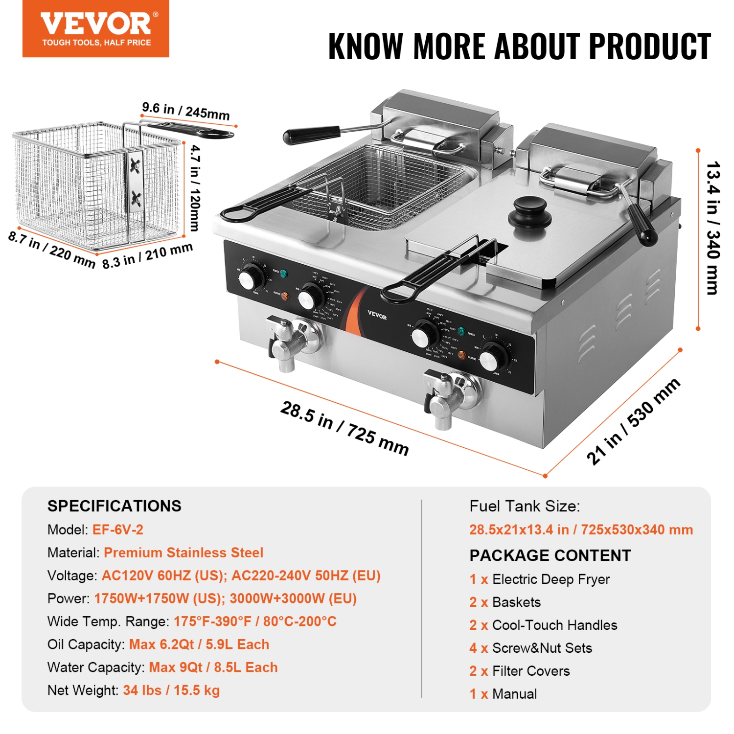 VEVOR 2 x 9Qt / 8.5L Commercial Deep Fryer, Dual Tank 3500W Electric Countertop Fryer, Double Oil Fryer with 2 Baskets, 1mm Thickened Stainless