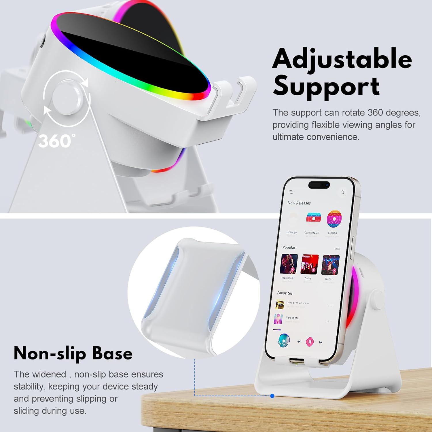 Haut-parleur à induction sans fil, haut-parleur Bluetooth 4-en-1, support de téléphone à rotation de 360° compatible avec iPhone Android