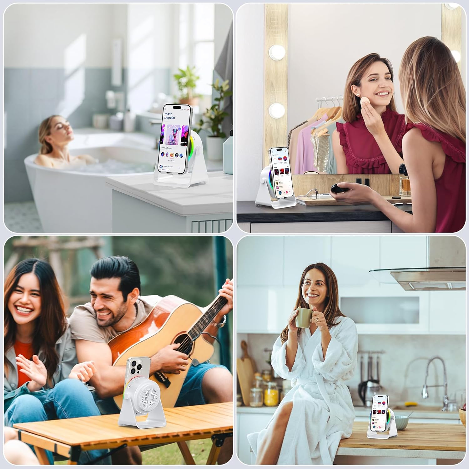 Haut-parleur à induction sans fil, haut-parleur Bluetooth 4-en-1, support de téléphone à rotation de 360° compatible avec iPhone Android