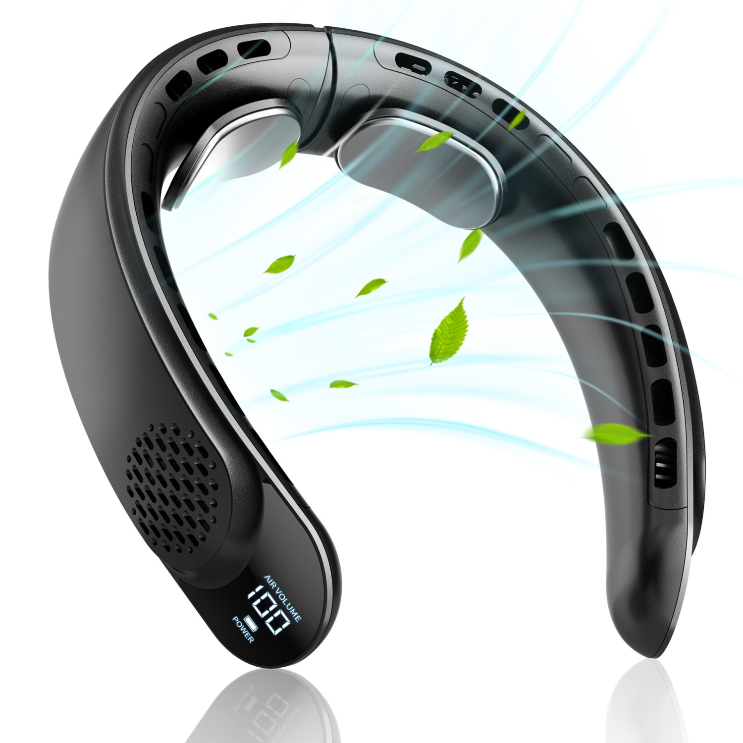 Portable neck-mounted fan, 4 turbine neck-mounted fans, 4000 mAh battery powered, USB rechargeable personal fan, 3 wind speeds, LED display, wearable