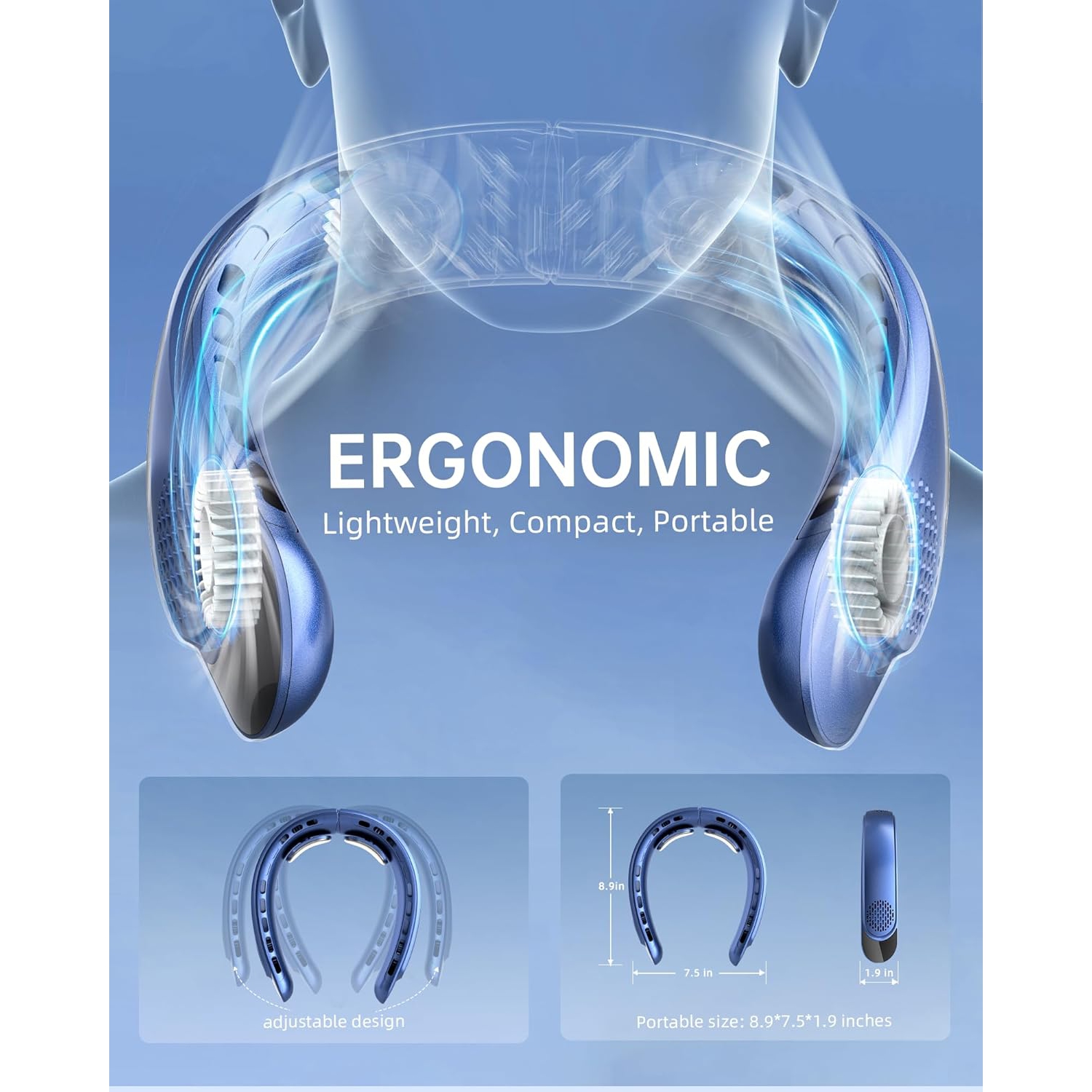 Portable neck-mounted fan, 4 turbine neck-mounted fans, 4000 mAh battery powered, USB rechargeable personal fan, 3 wind speeds, LED display, wearable