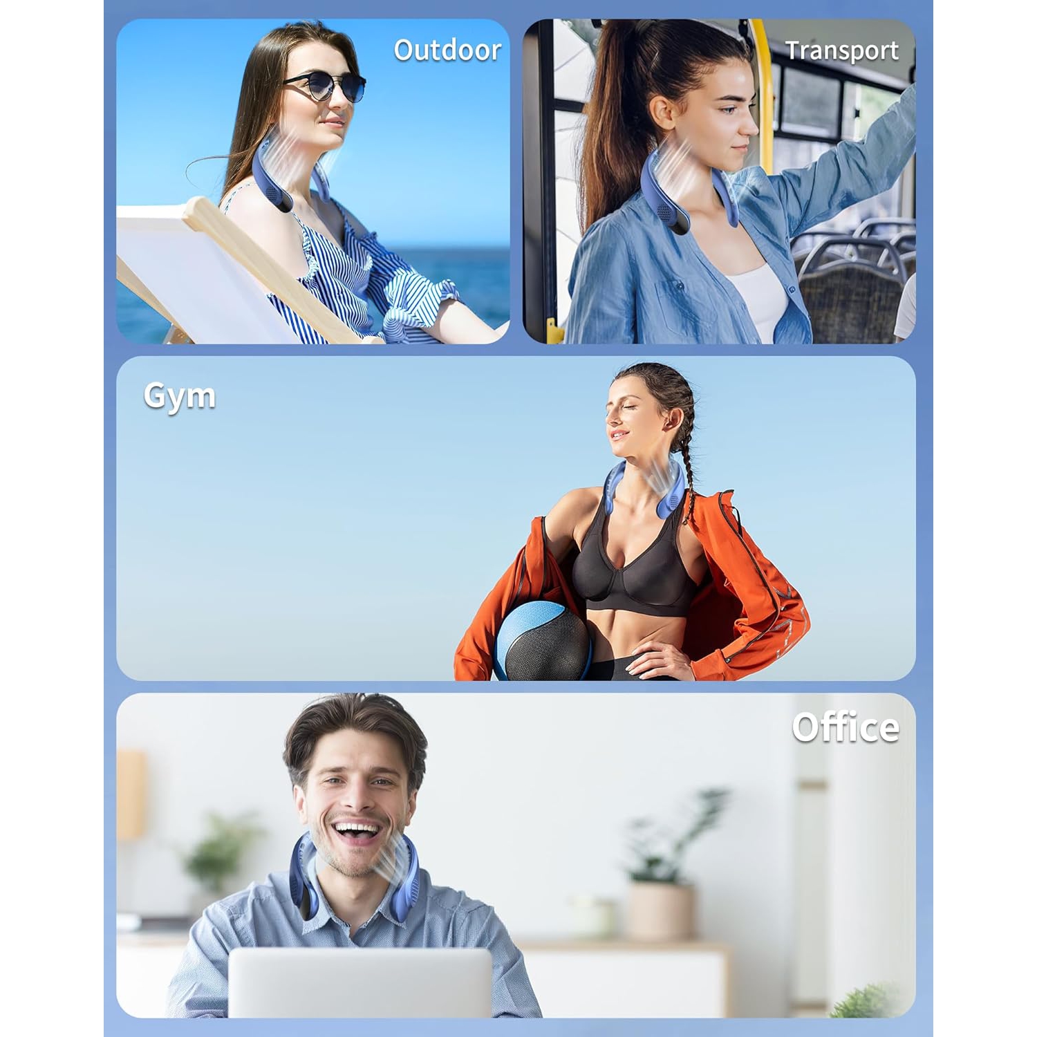 Portable neck-mounted fan, 4 turbine neck-mounted fans, 4000 mAh battery powered, USB rechargeable personal fan, 3 wind speeds, LED display, wearable