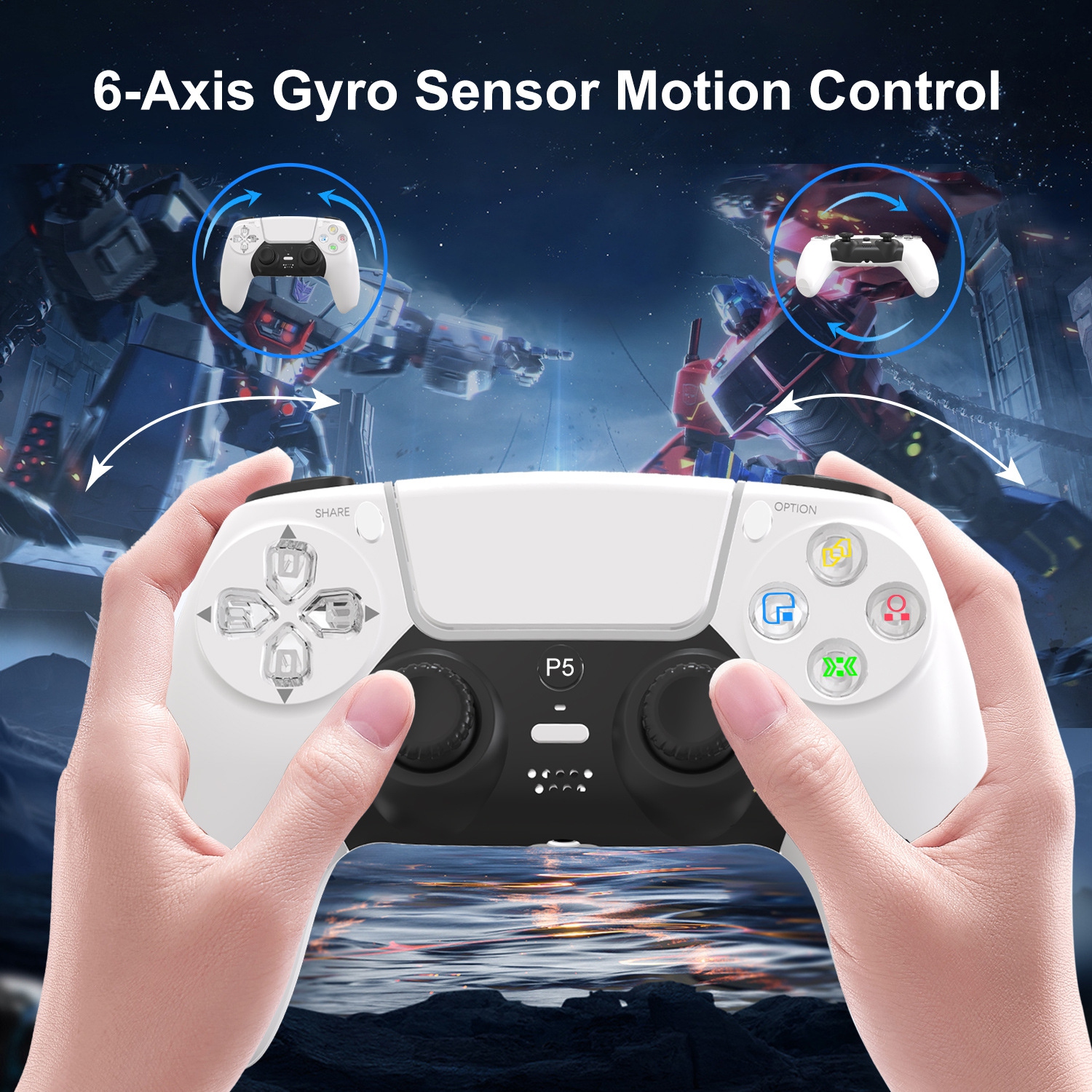 PS5 Controller with Light Bar 4.0 Bluetooth PS5 Game Controller Six-Axis Somatosensory Dual Vibration PS5 Wireless Controller with 3D Joystick - White