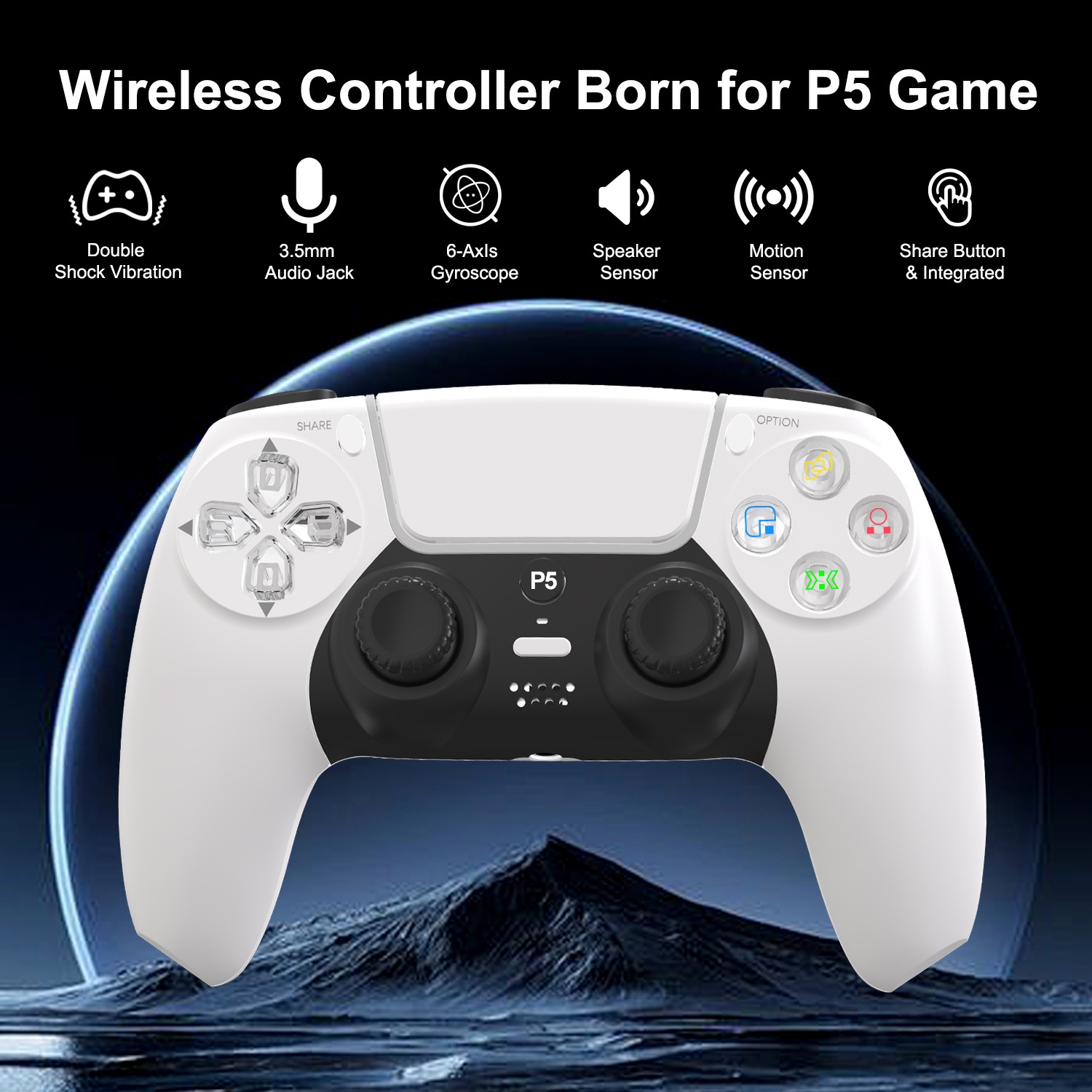 Manette PS5 avec barre lumineuse 4,0 Bluetooth de PS5 et manette de jeu sans fil à deux vibrations somatosensorielles à six axes pour PS5 avec manche