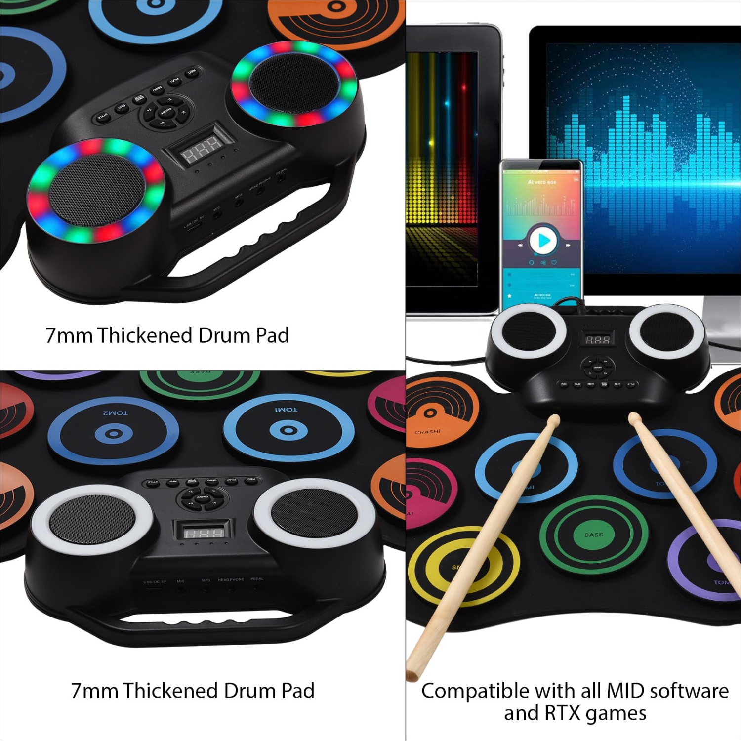 Batterie électrique Batterie portative Kit de tapis de batterie 9 pavés Haut-parleur intégré Surveillance d'écran LED avec lumières colorées 2