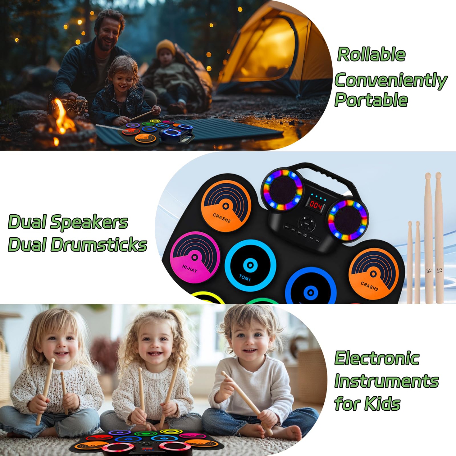 Batterie électrique Batterie portative Kit de tapis de batterie 9 pavés Haut-parleur intégré Surveillance d'écran LED avec lumières colorées 2