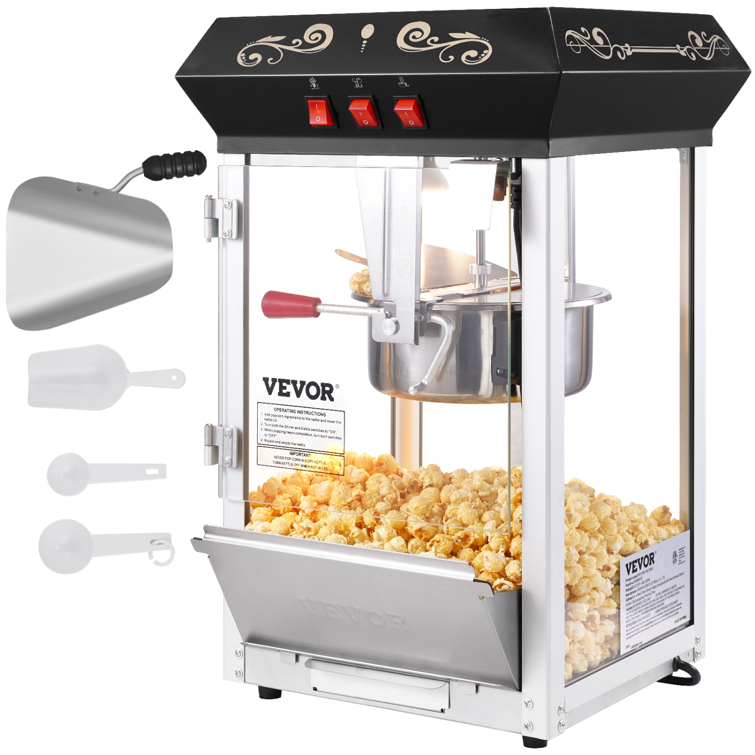 VEVOR 850W Popcorn Maker, Popcorn Popper Machine, 8 Oz Kettle Makes 48 Cups per Batch, Countertop Popcorn Maker with Tempered Glass, Includes 4